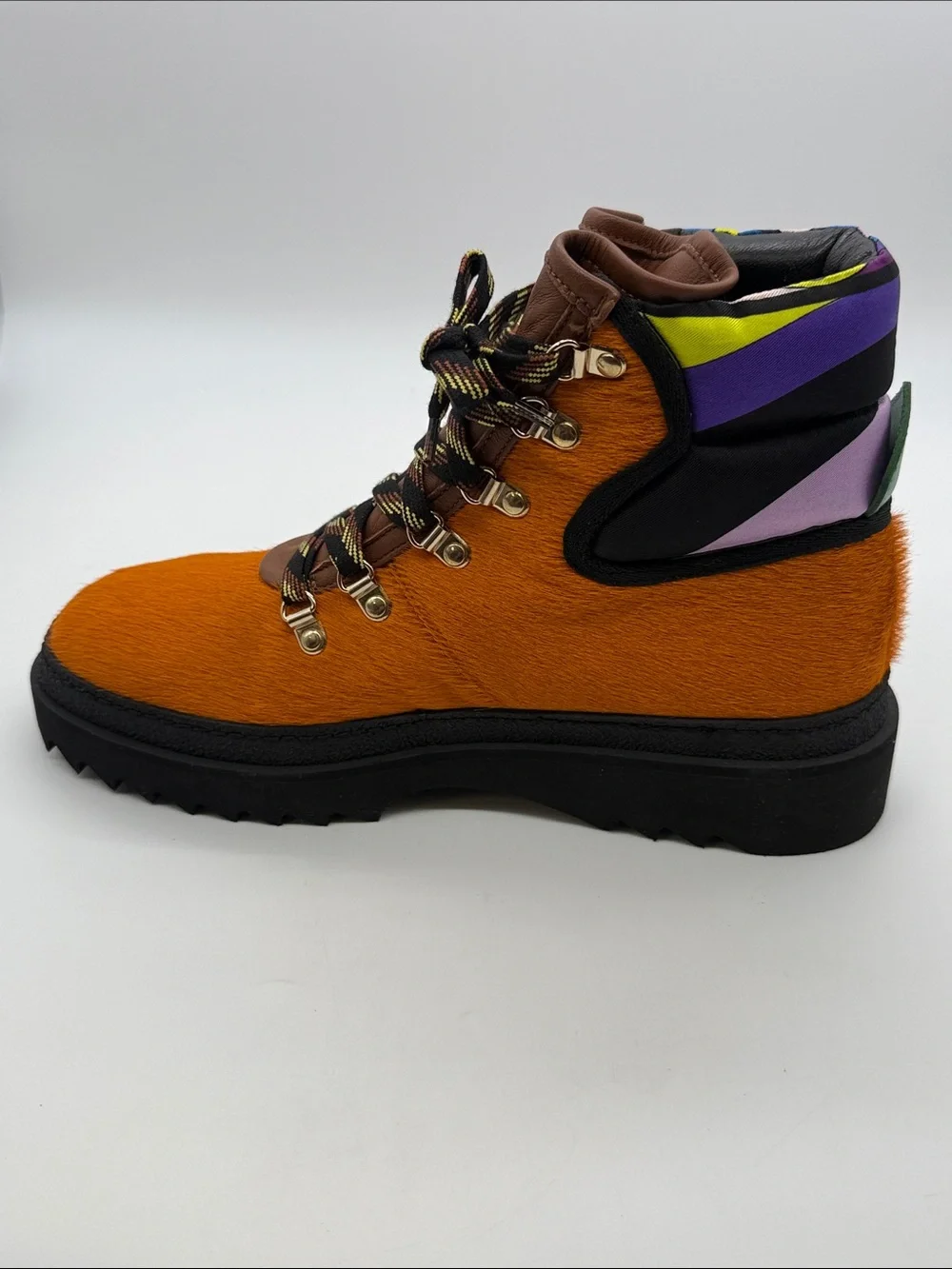 Emilio Pucci Bright Orange Lace-Up Fur Hiking Boot with Black Sole